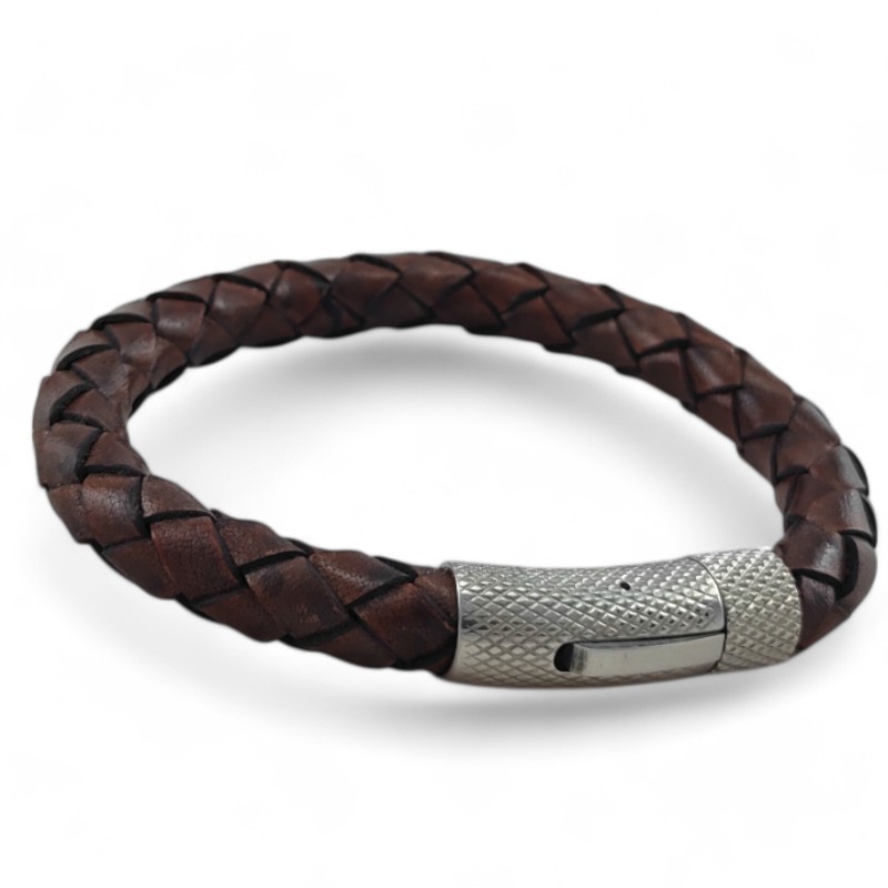 Men's leather bracelet with stainless steel clasp.