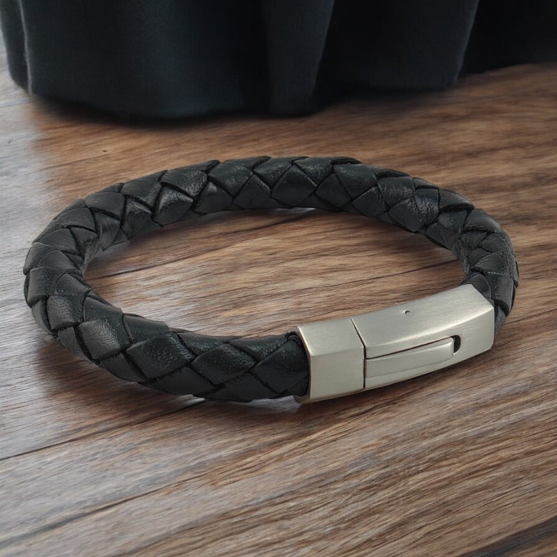 Men's leather bracelet with stainless steel clasp.